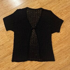 Beaded knit short sleeve slinky black cardigan